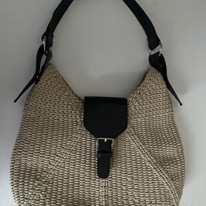 Liz Claiborne Straw Shoulder Bag Beige With Brown Faux Leather Strap Pink Lining